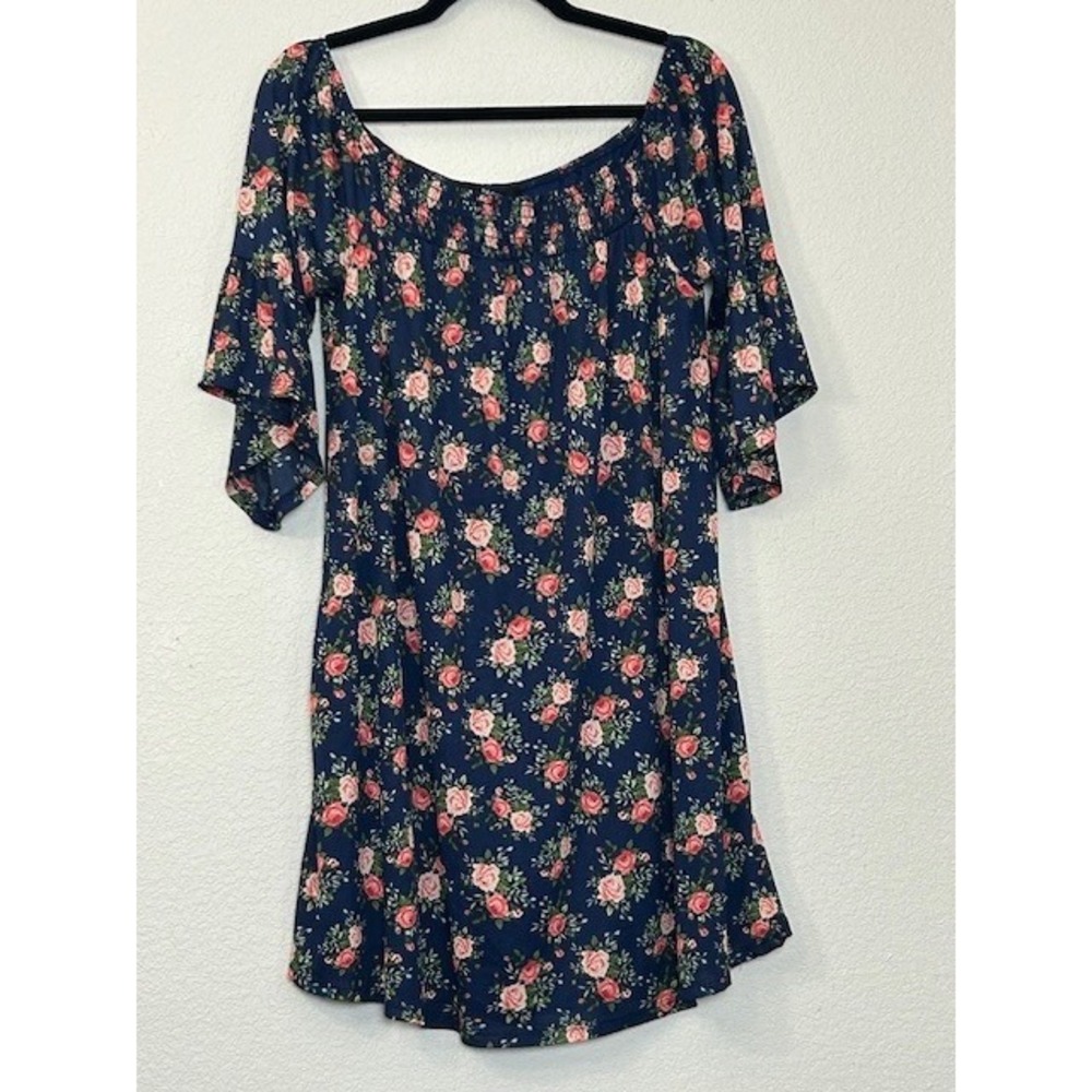 Anthropologie NAÏF Blue Floral Dress L‎ Off Shoulder Bell Sleeve Cottagecore